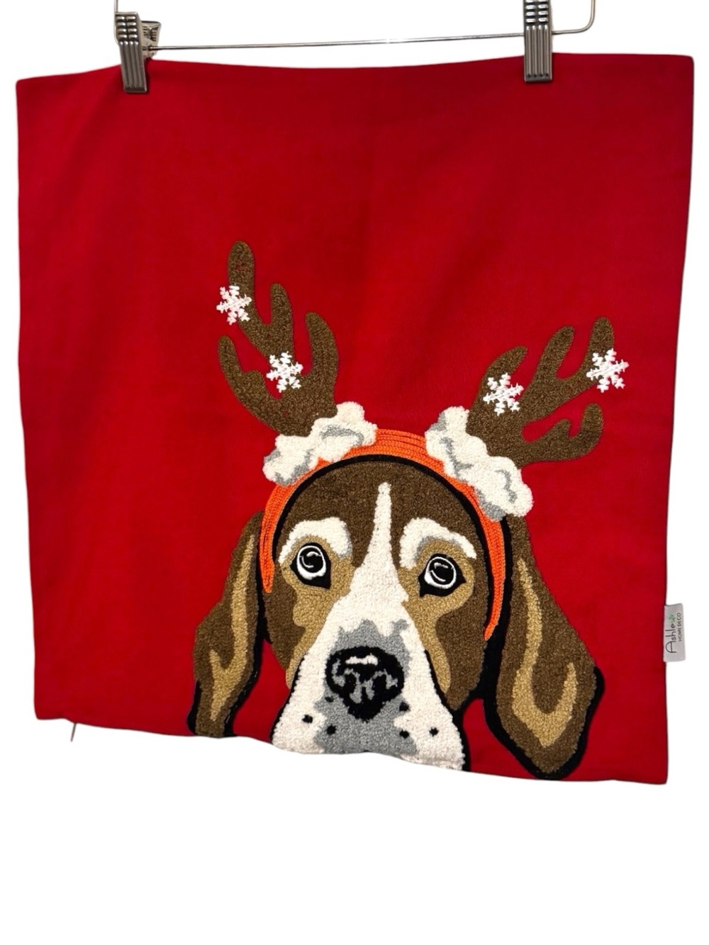 Ashler Home 3-D Red Holiday Embroidered Beagle Hound Reindeer Ears Pillow Cover